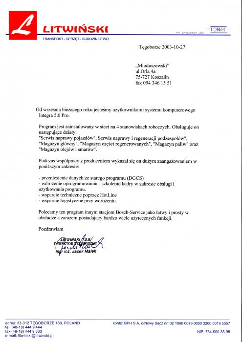 Rekomendacja firmy Litwiński T.S.B.
