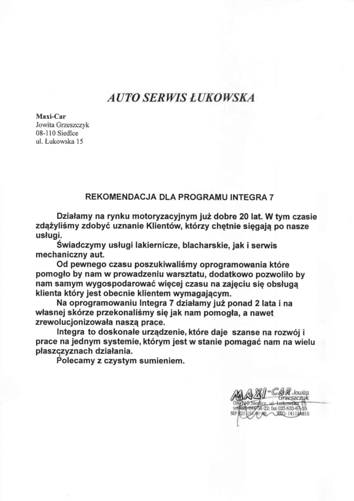 Rekomendacja firmy Auto Serwis Łukowska