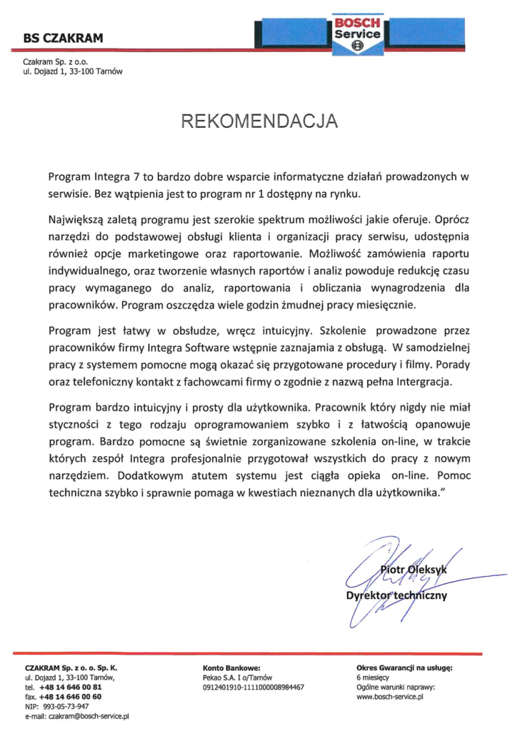 Rekomendacja firmy BCS Czakram o Integra Software