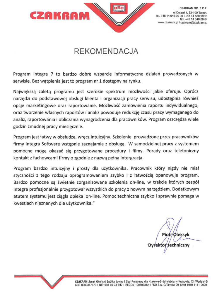 Rekomendacja firmy Czakram o Integra Software